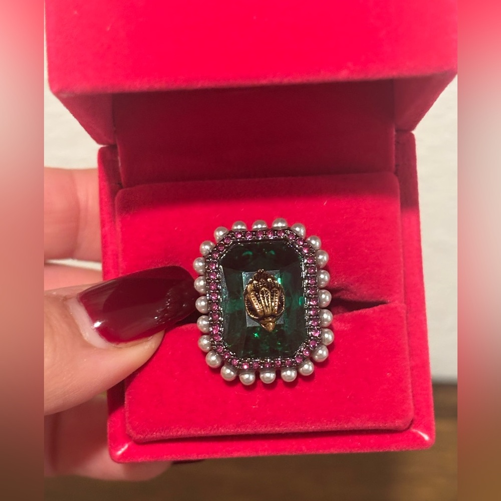 Kurt Geiger Green and Gun Metal Tone Statement Ring - Picture 2 of 9